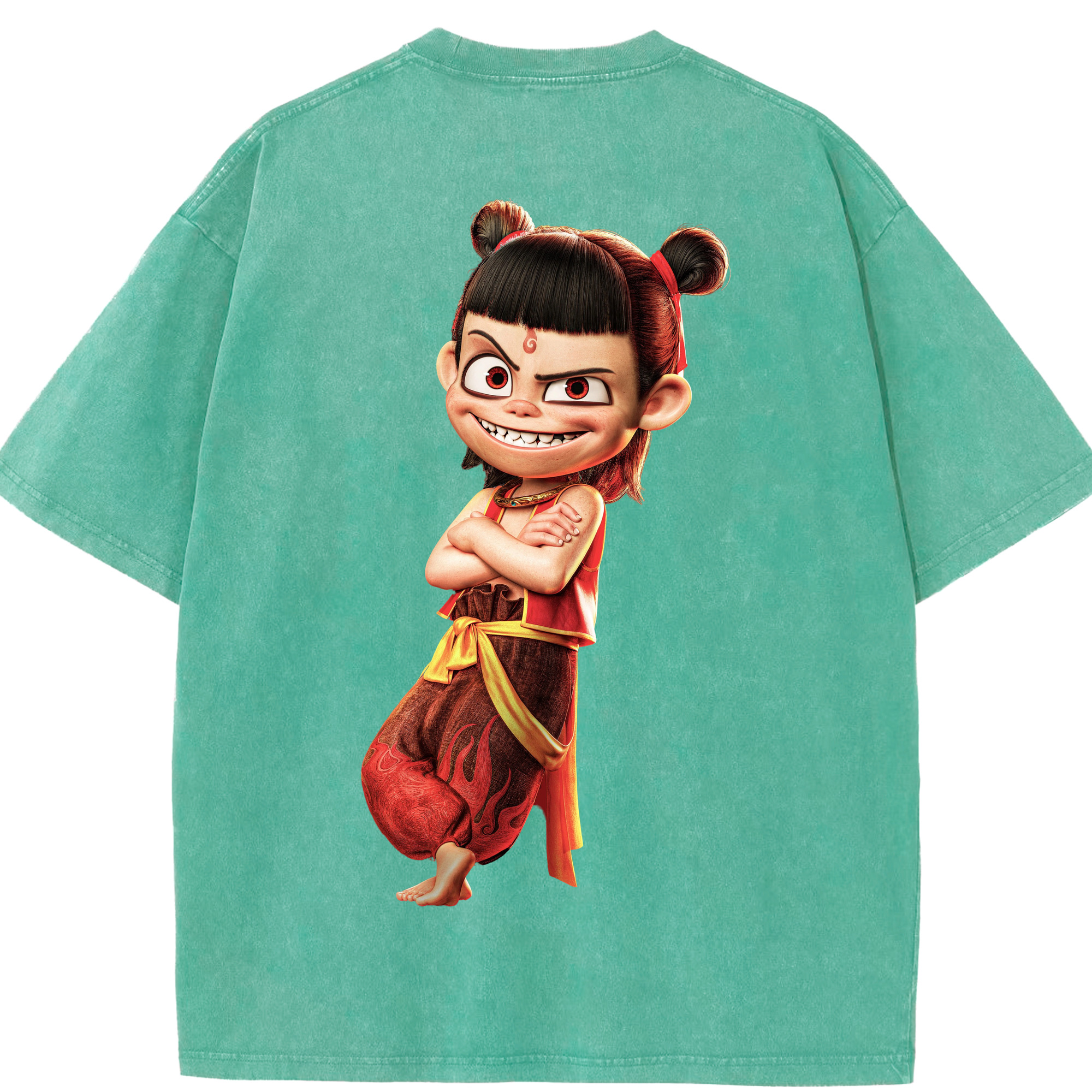 （画像用） Ne Zha 2 ナタ 魔童の大暴れ 綿100% ヴィンテージ風 半袖Tシャツ（背面プリント）